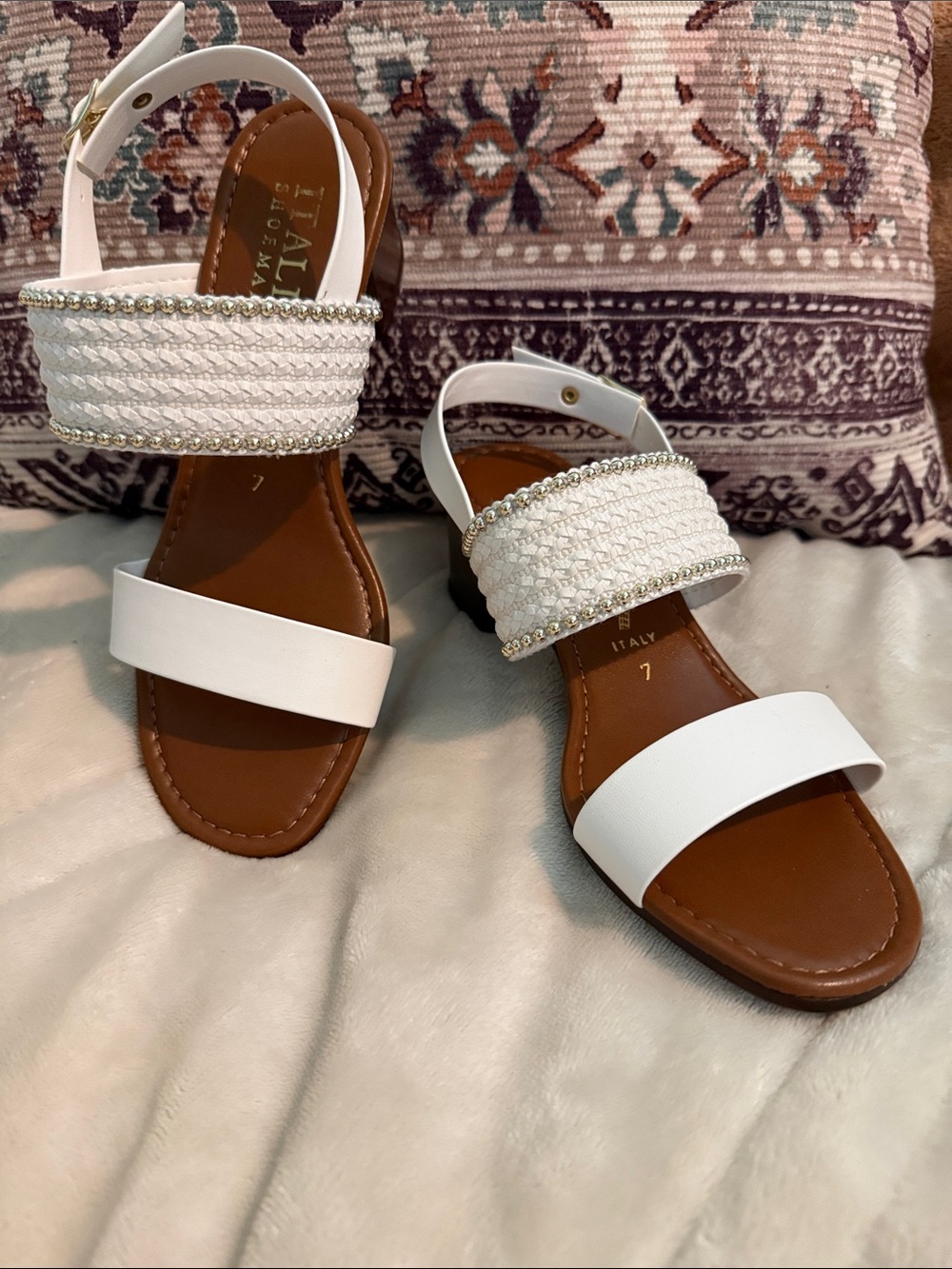 Italian Shoemakers White Braided Bead-Trim Slingback Sandals.  Never been worn.